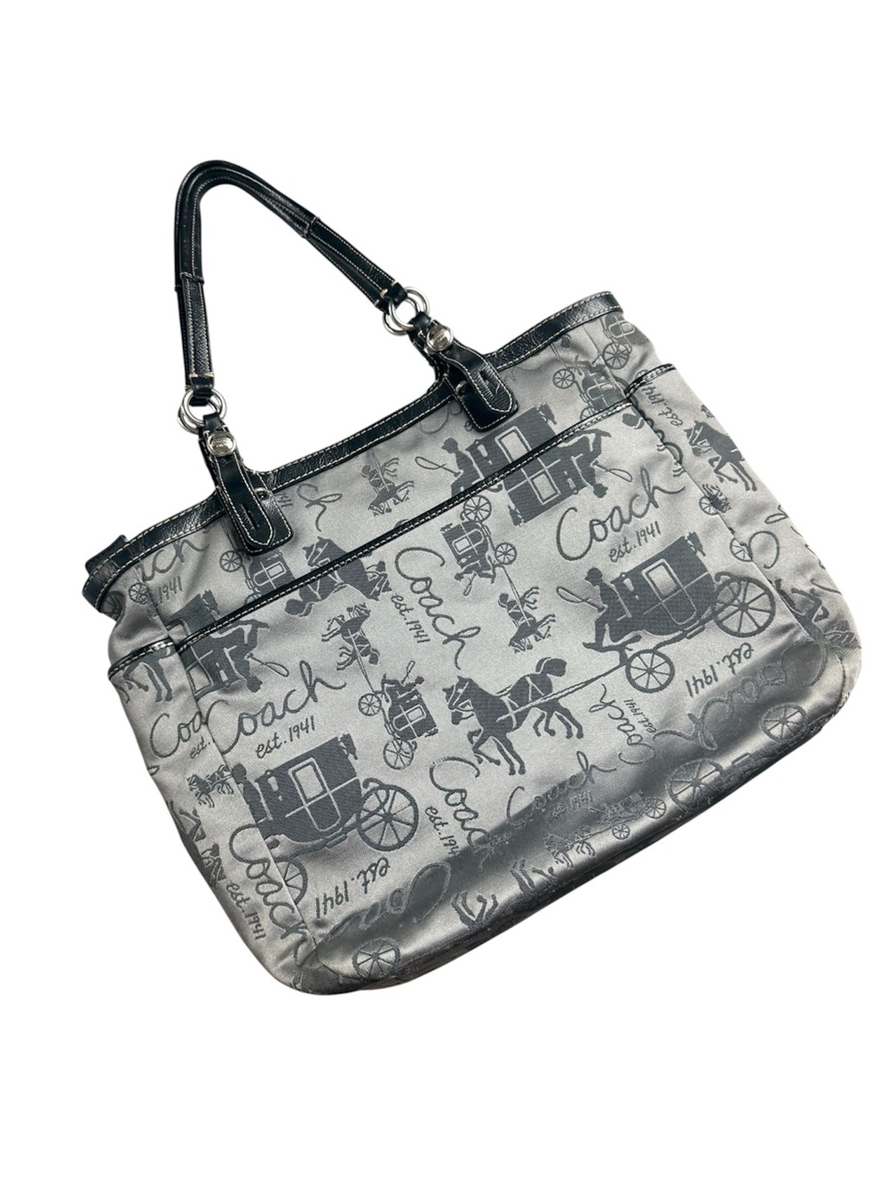 Coach Horse & Carriage Satin Jacquard Logo Tote Shoulder Bag Silver Gray Black - Picture 2 of 10
